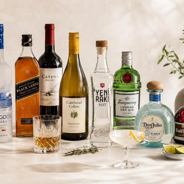 Vodka, whiskey, wine, arak, gin, tequila and liqueur