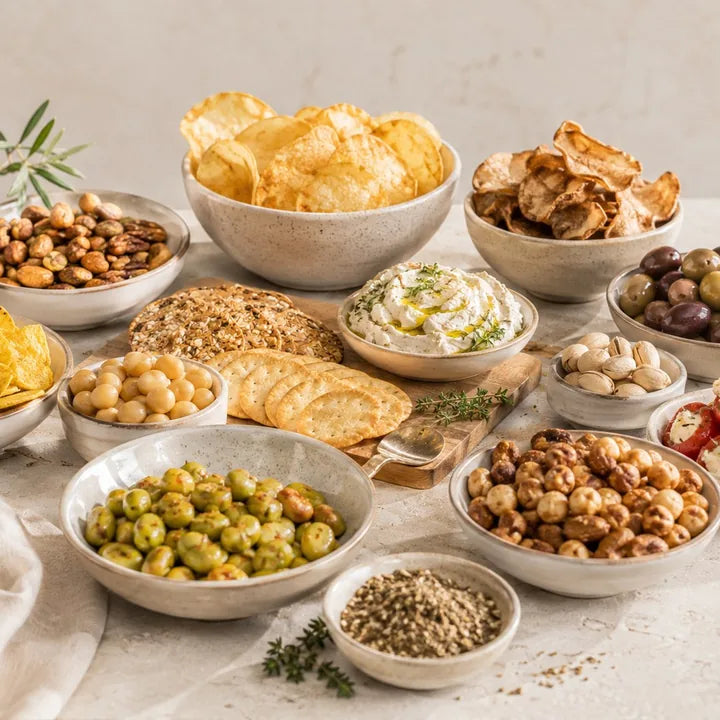 Chips, nuts, seeds, olives and mezza snacks