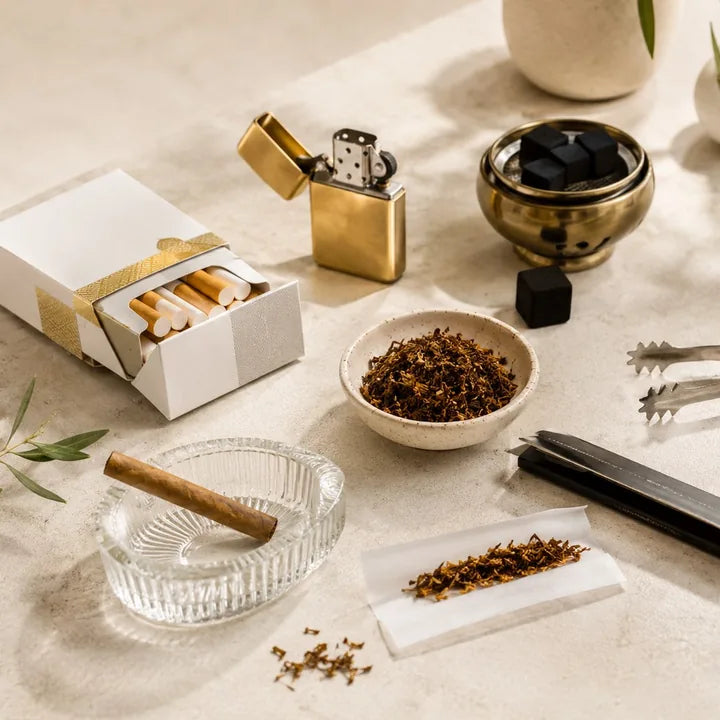 Tobacco, rolling paper, lighter and charcoal accessories