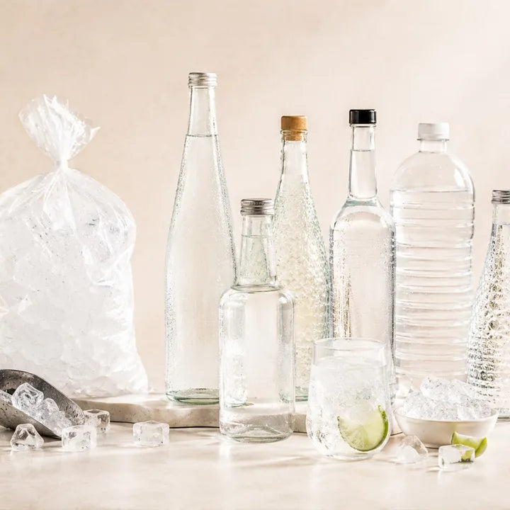 Bagged ice, ice cubes and bottled water